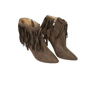 ADRIANA SHANA -23 Woman’s Heeled Zip Up Brown Fringe Ankle Bootie Size 8.5